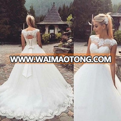 2017 Glamorous Country Lace-Up Back Capped Sleeves Bow Ball Gown Plus Size Organza Wedding Dresses Long Boho Bridal Gowns