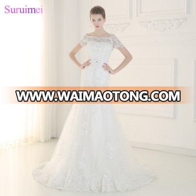 OEM Wedding Dresses Beaded Crystals with Short Cap Sleeves Shining Sequines Lace Mermaid Bride Dress