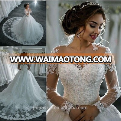 Luxury Applique Crystal Wedding Dresses With Gorgeous Jewel Long Sleeve Covered Button Back Sweep Train Bridal Gown 2017 New